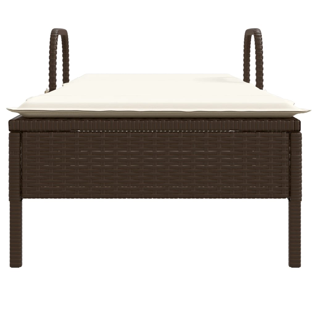Sun lounger with wheels and cushion in brown PE wicker