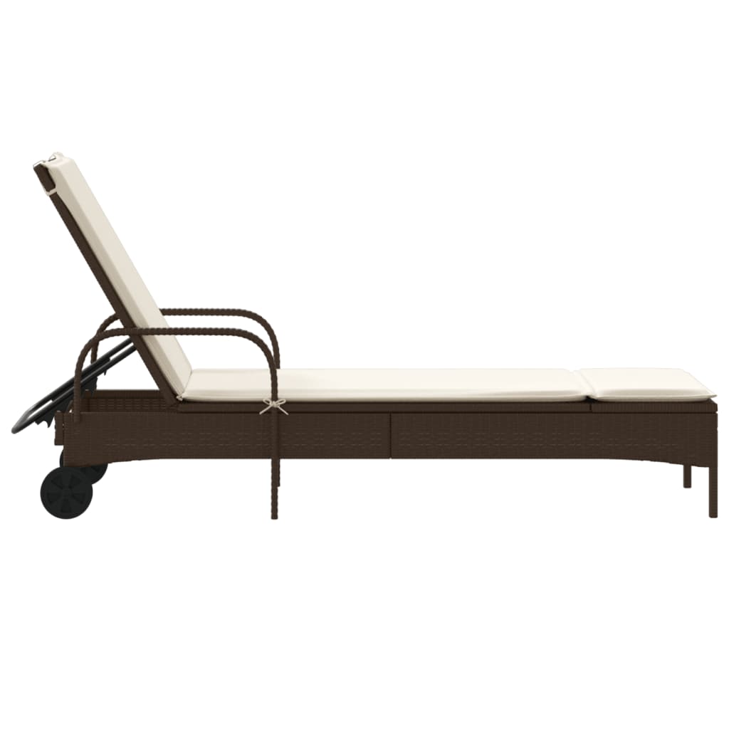 Sun lounger with wheels and cushion in brown PE wicker