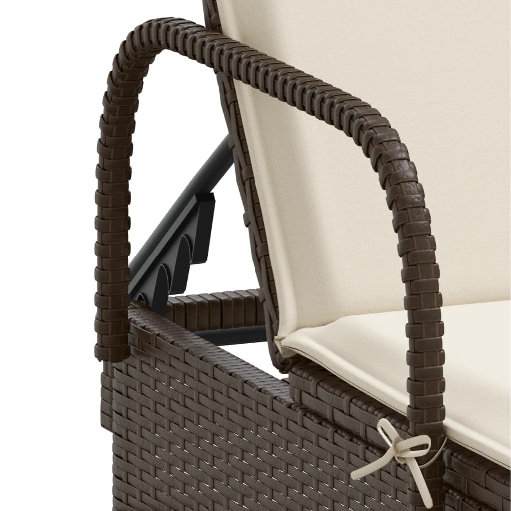 Sun lounger with wheels and cushion in brown PE wicker