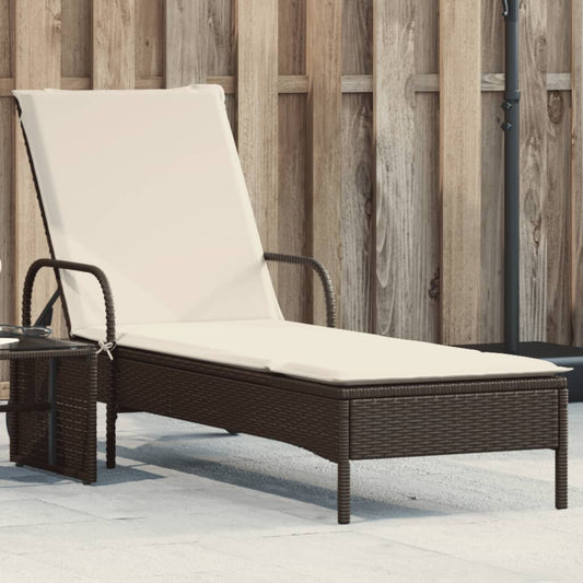 Sun lounger with wheels and cushion in brown PE wicker