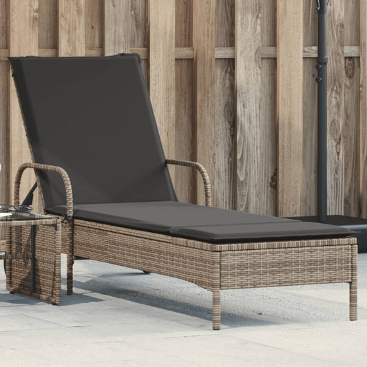 Sun lounger with wheels and cushion in grey PE wicker