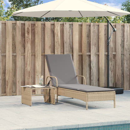 Sun lounger with wheels and cushion in beige PE wicker