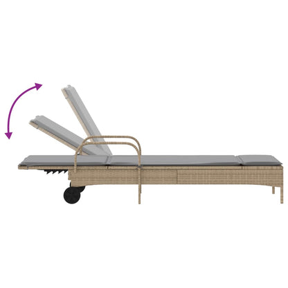 Sun lounger with wheels and cushion in beige PE wicker