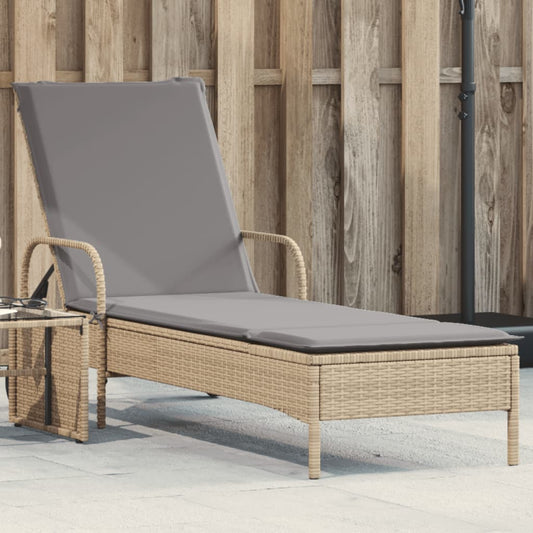 Sun lounger with wheels and cushion in beige PE wicker