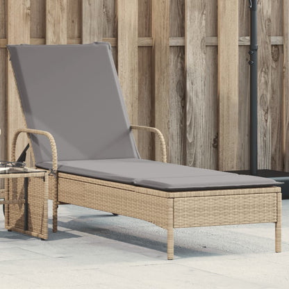 Sun lounger with wheels and cushion in beige PE wicker
