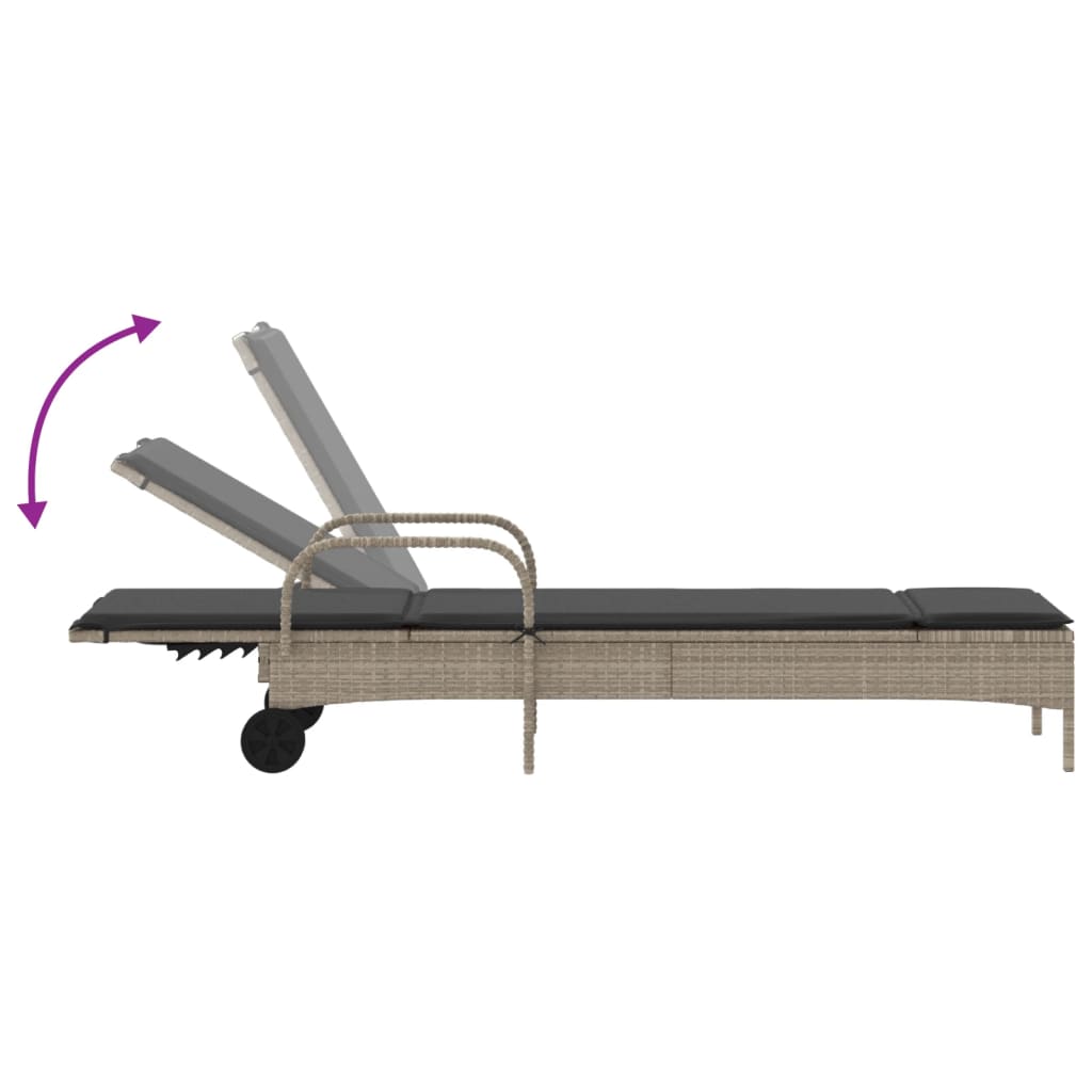 Sun lounger with wheels and cushion in light grey PE wicker
