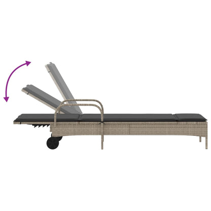 Sun lounger with wheels and cushion in light grey PE wicker
