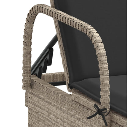 Sun lounger with wheels and cushion in light grey PE wicker