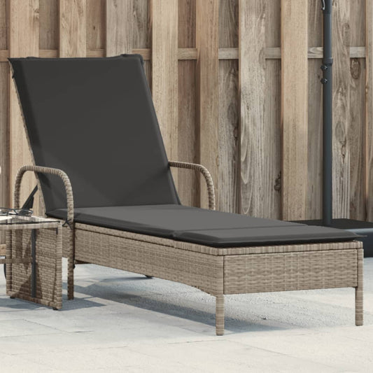 Sun lounger with wheels and cushion in light grey PE wicker