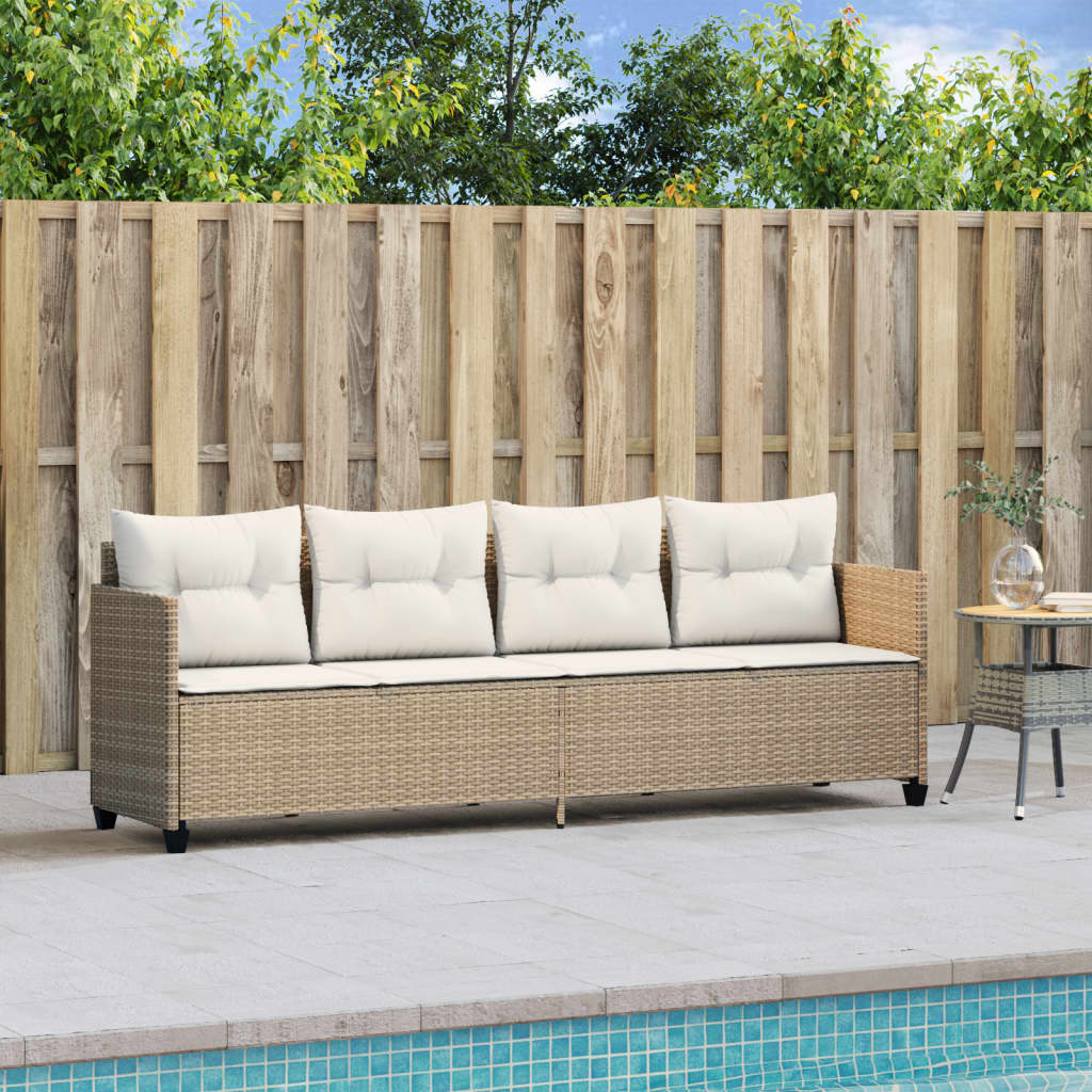 Sun lounger with cushions in beige PE wicker
