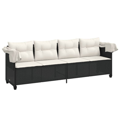 Sun lounger with canopy and cushions in black PE wicker