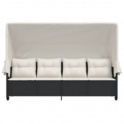 Sun lounger with canopy and cushions in black PE wicker