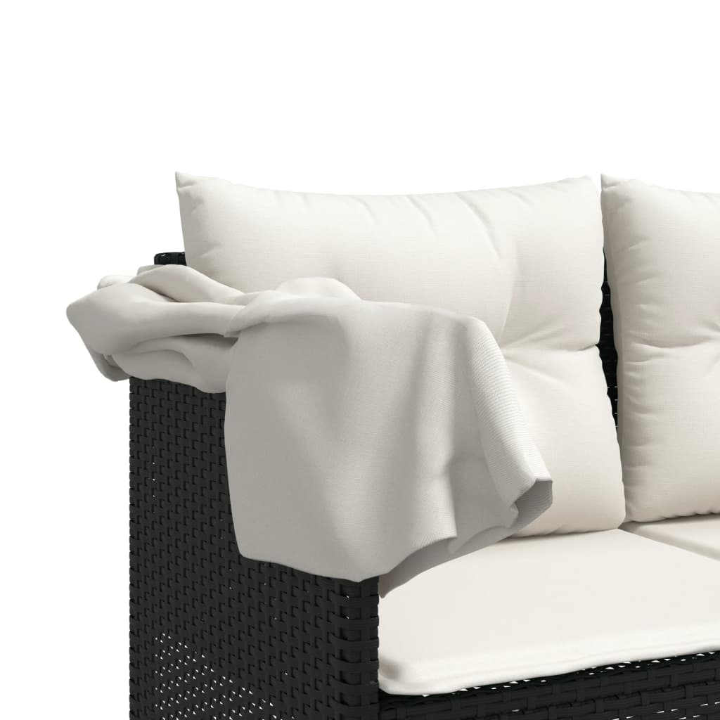 Sun lounger with canopy and cushions in black PE wicker