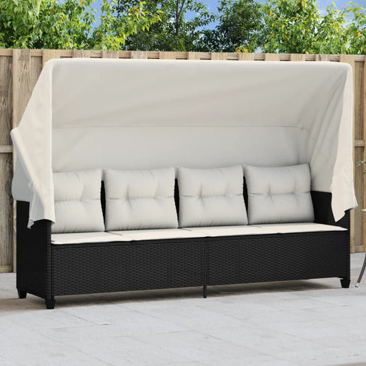 Sun lounger with canopy and cushions in black PE wicker
