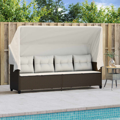 Sun lounger with canopy and cushions in brown PE wicker