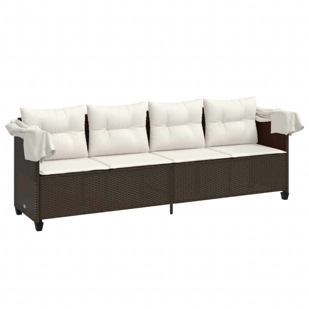 Sun lounger with canopy and cushions in brown PE wicker