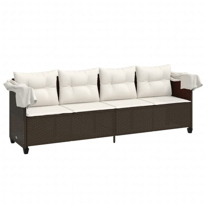 Sun lounger with canopy and cushions in brown PE wicker