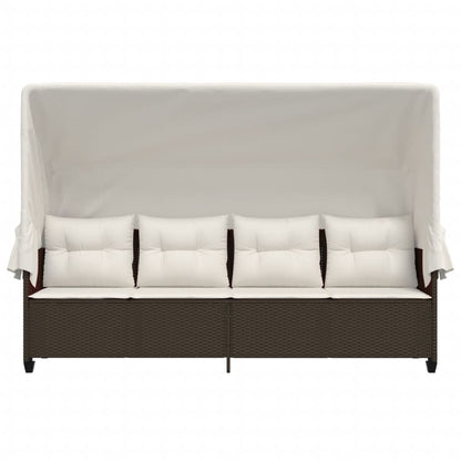 Sun lounger with canopy and cushions in brown PE wicker