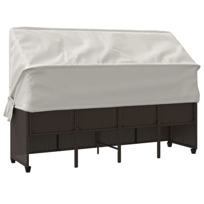 Sun lounger with canopy and cushions in brown PE wicker