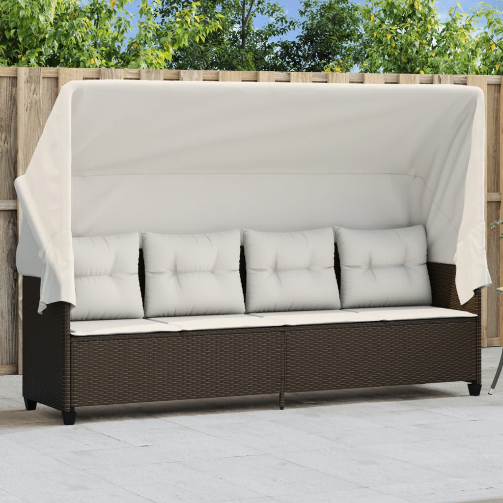 Sun lounger with canopy and cushions in brown PE wicker
