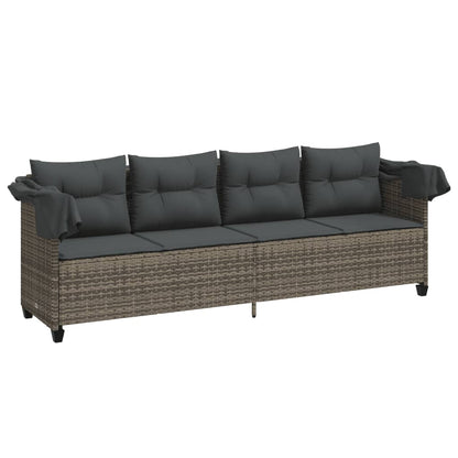 Sun lounger with canopy and cushions in grey poly rattan