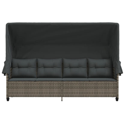 Sun lounger with canopy and cushions in grey poly rattan