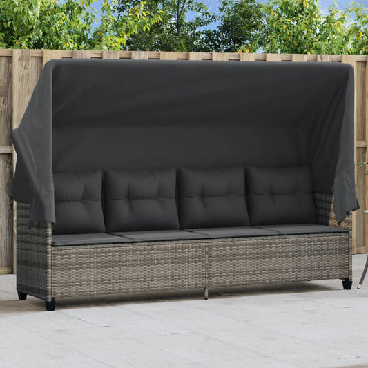 Sun lounger with canopy and cushions in grey poly rattan