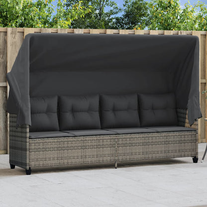 Sun lounger with canopy and cushions in grey poly rattan