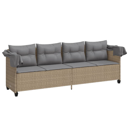 Sun lounger with canopy and cushions in beige PE wicker