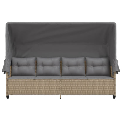 Sun lounger with canopy and cushions in beige PE wicker
