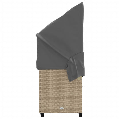 Sun lounger with canopy and cushions in beige PE wicker