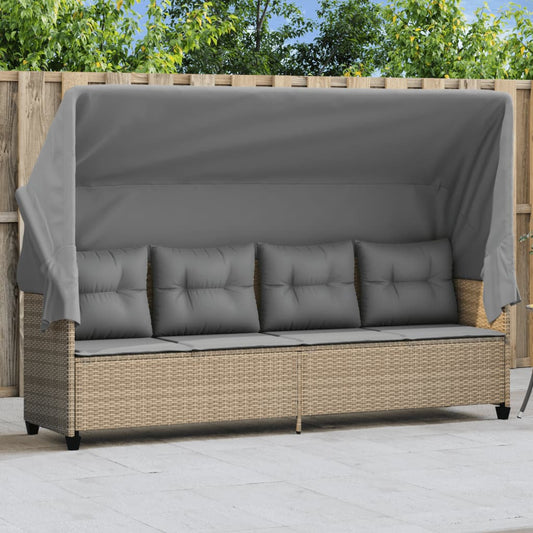 Sun lounger with canopy and cushions in beige PE wicker