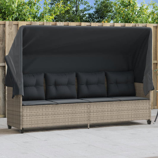 Sun lounger with canopy and cushions in light grey poly rattan