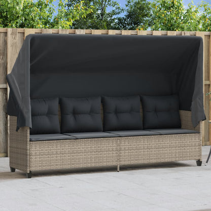 Sun lounger with canopy and cushions in light grey poly rattan