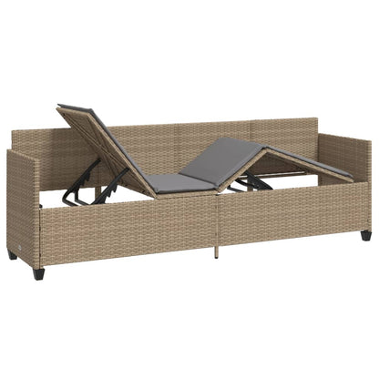 Sun lounger with cushions in beige PE wicker