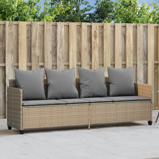 Sun lounger with cushions in beige PE wicker