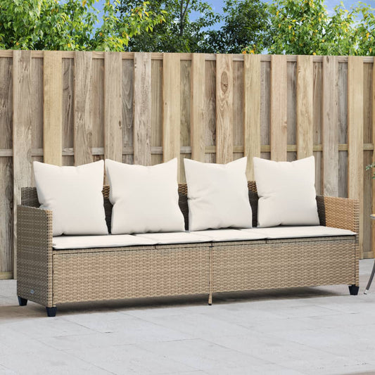 Sun lounger with cushions in beige PE wicker