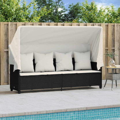 Sun lounger with canopy and cushions in black PE wicker