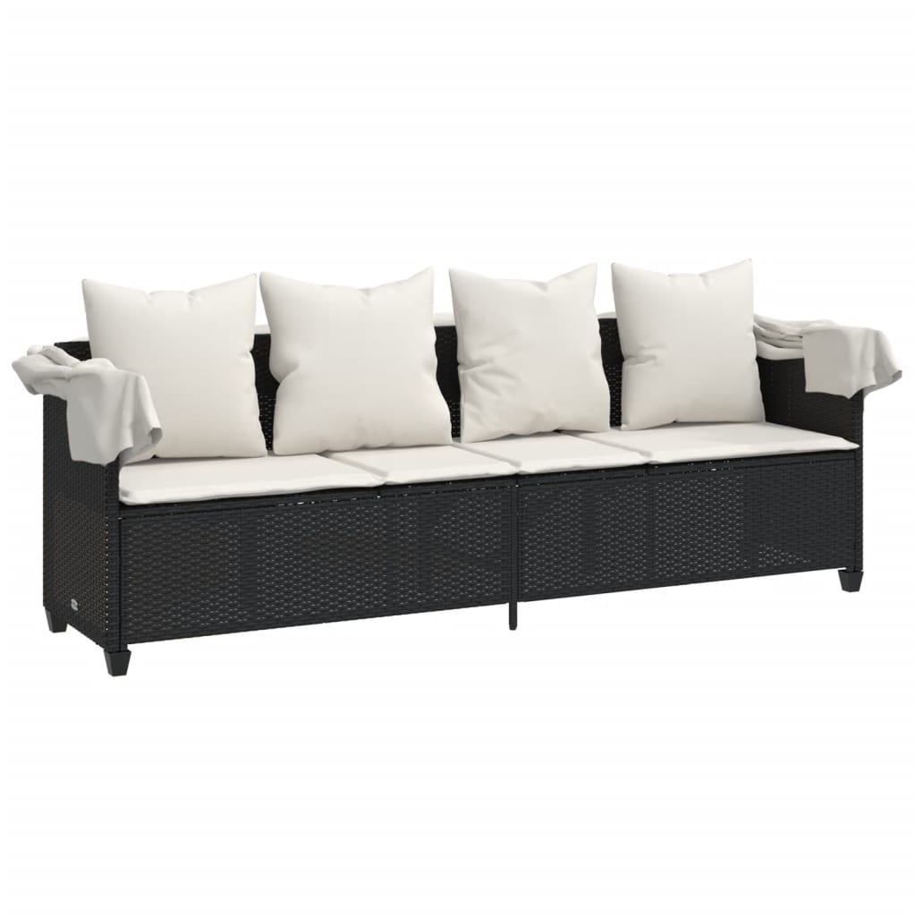 Sun lounger with canopy and cushions in black PE wicker
