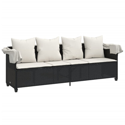 Sun lounger with canopy and cushions in black PE wicker