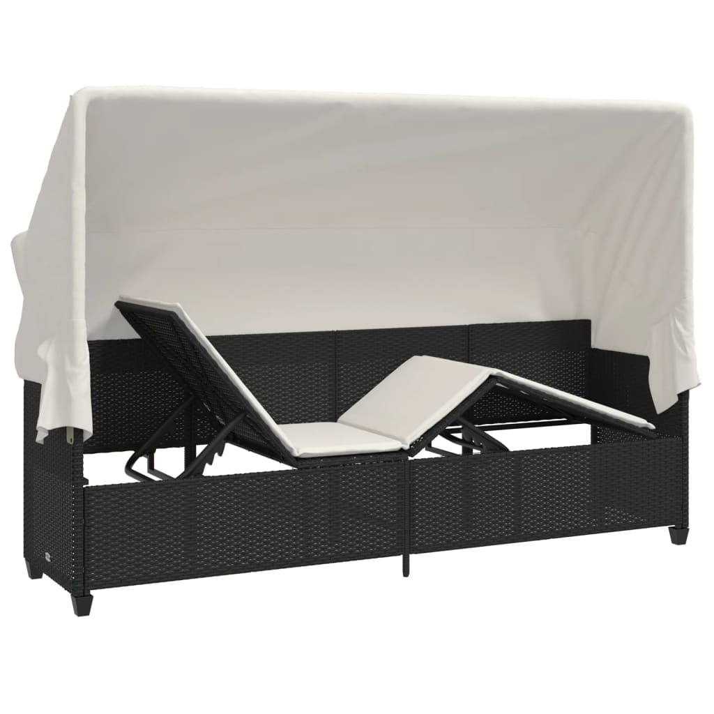 Sun lounger with canopy and cushions in black PE wicker