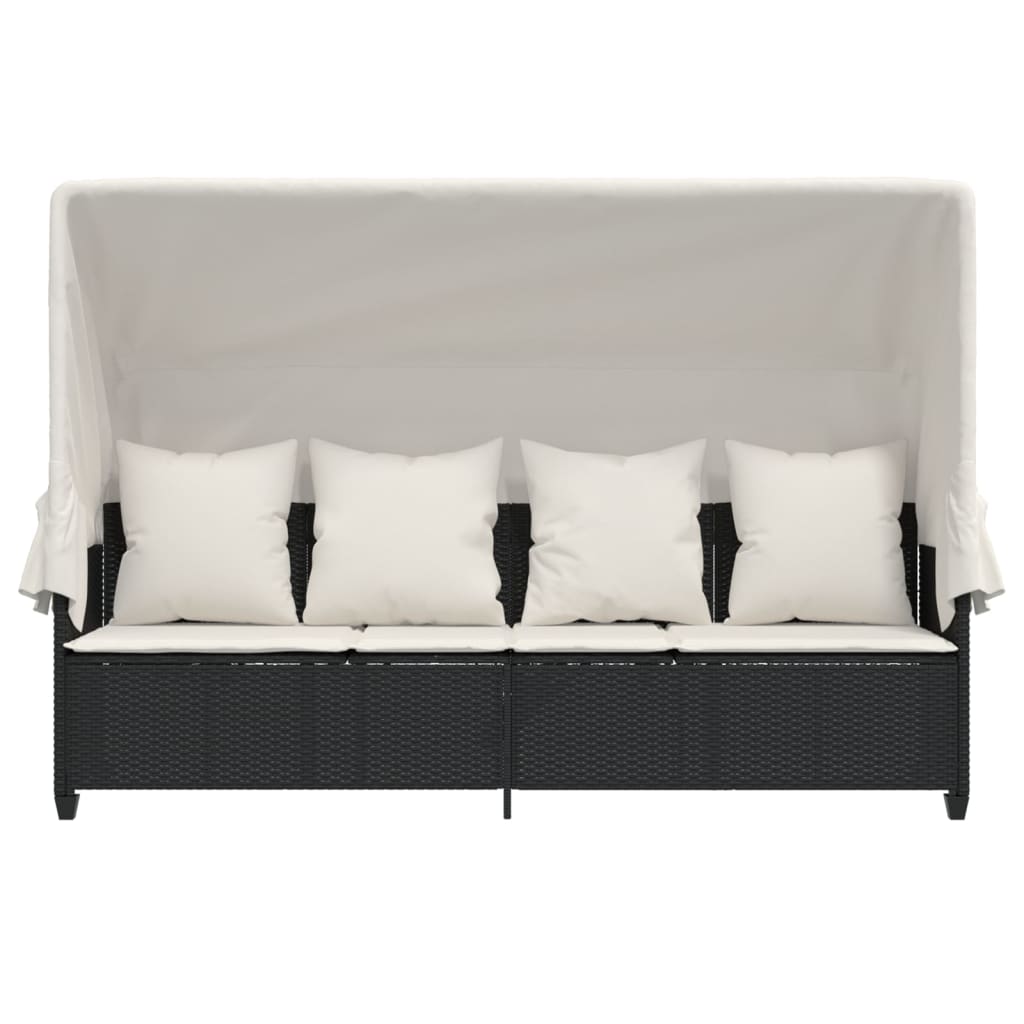 Sun lounger with canopy and cushions in black PE wicker