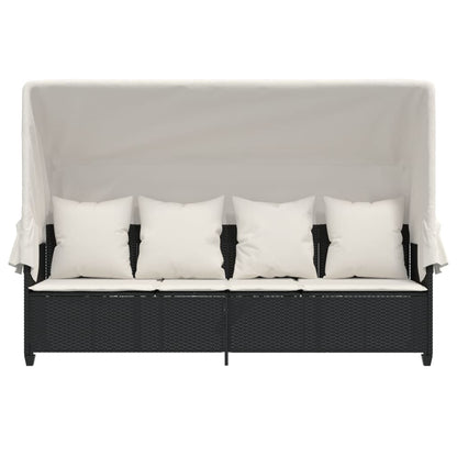 Sun lounger with canopy and cushions in black PE wicker