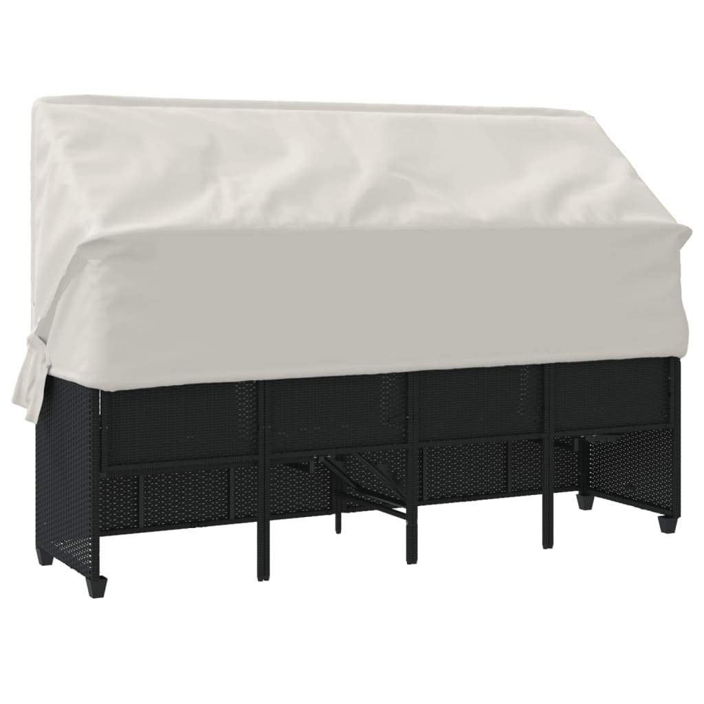 Sun lounger with canopy and cushions in black PE wicker