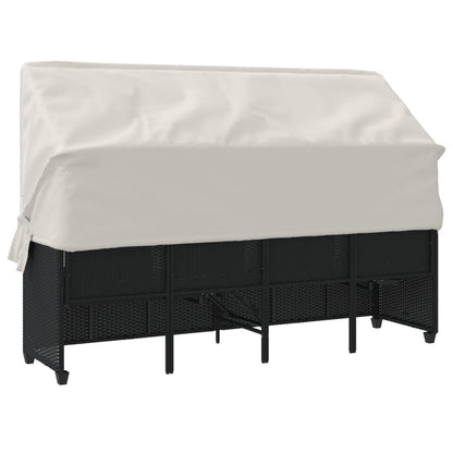 Sun lounger with canopy and cushions in black PE wicker