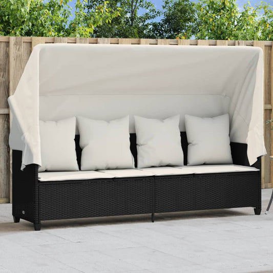 Sun lounger with canopy and cushions in black PE wicker