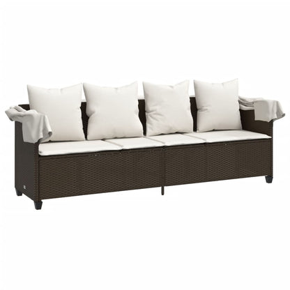 Sun lounger with canopy and cushions in brown PE wicker