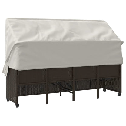 Sun lounger with canopy and cushions in brown PE wicker
