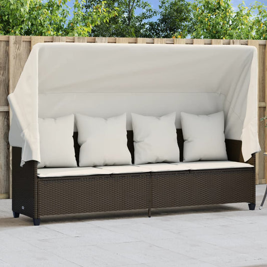 Sun lounger with canopy and cushions in brown PE wicker