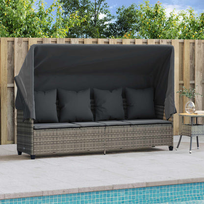Sun lounger with canopy and cushions in grey PE wicker